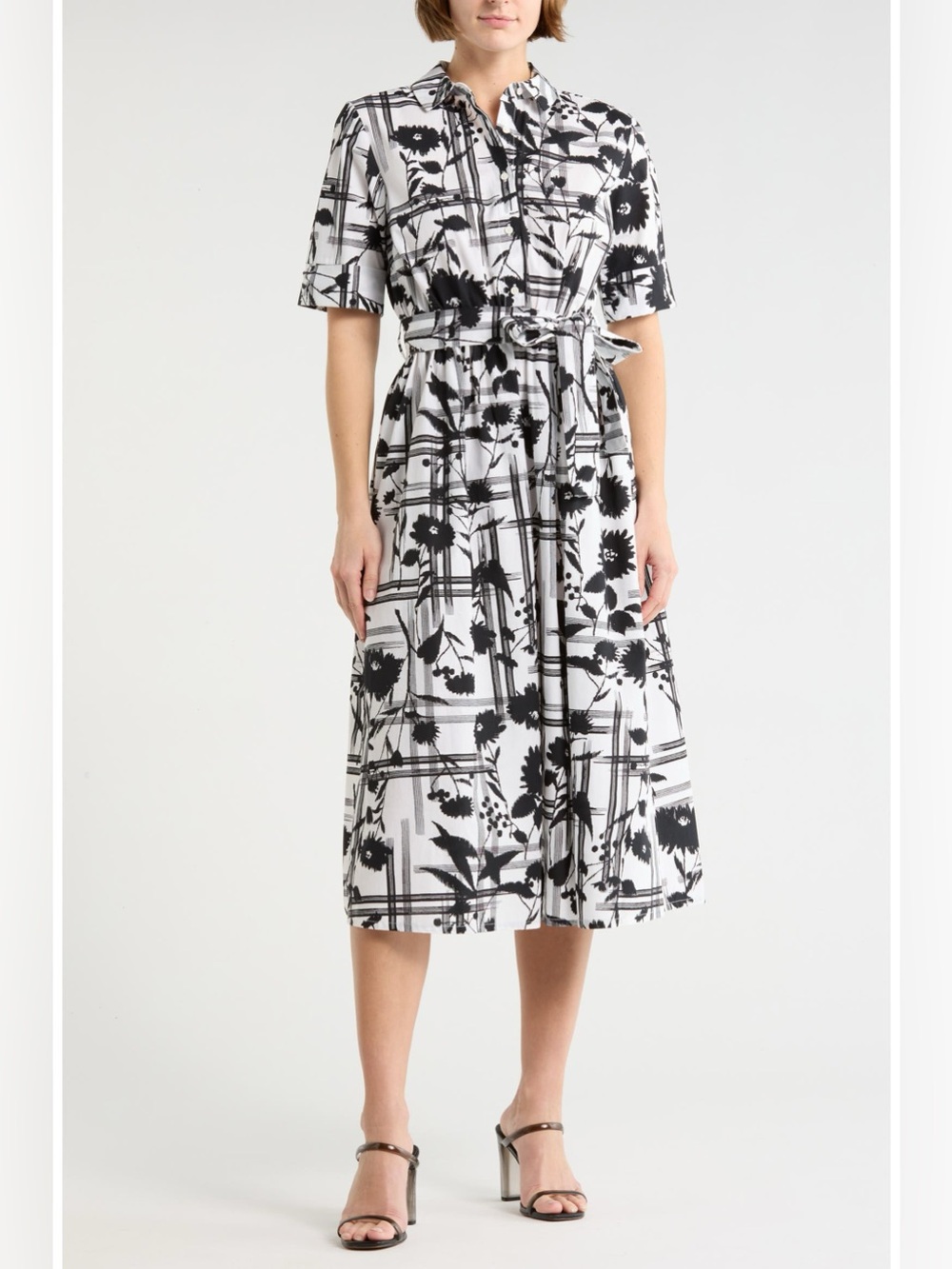 DKNY collared tie waist shirtdress size 6 black white NWT